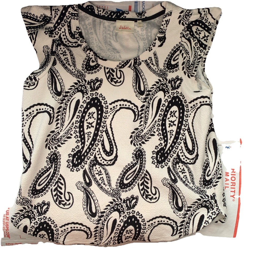 anthropologie deletta top Black And‎ White Paisley Cotton/poly/spandex M